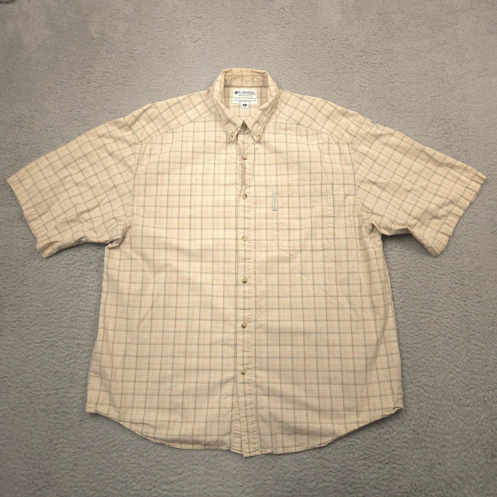 Columbia Sportswear Button‎ Up Shirt Plaid SS Cotton Mens XL Tan Outdoor Caual